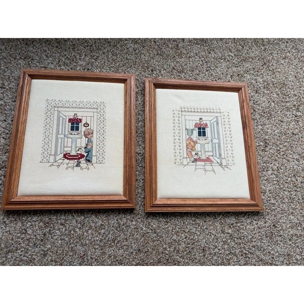 Vintage Completed Cross Stitch Girl & Boy Bathroom Scenes potty pair scene